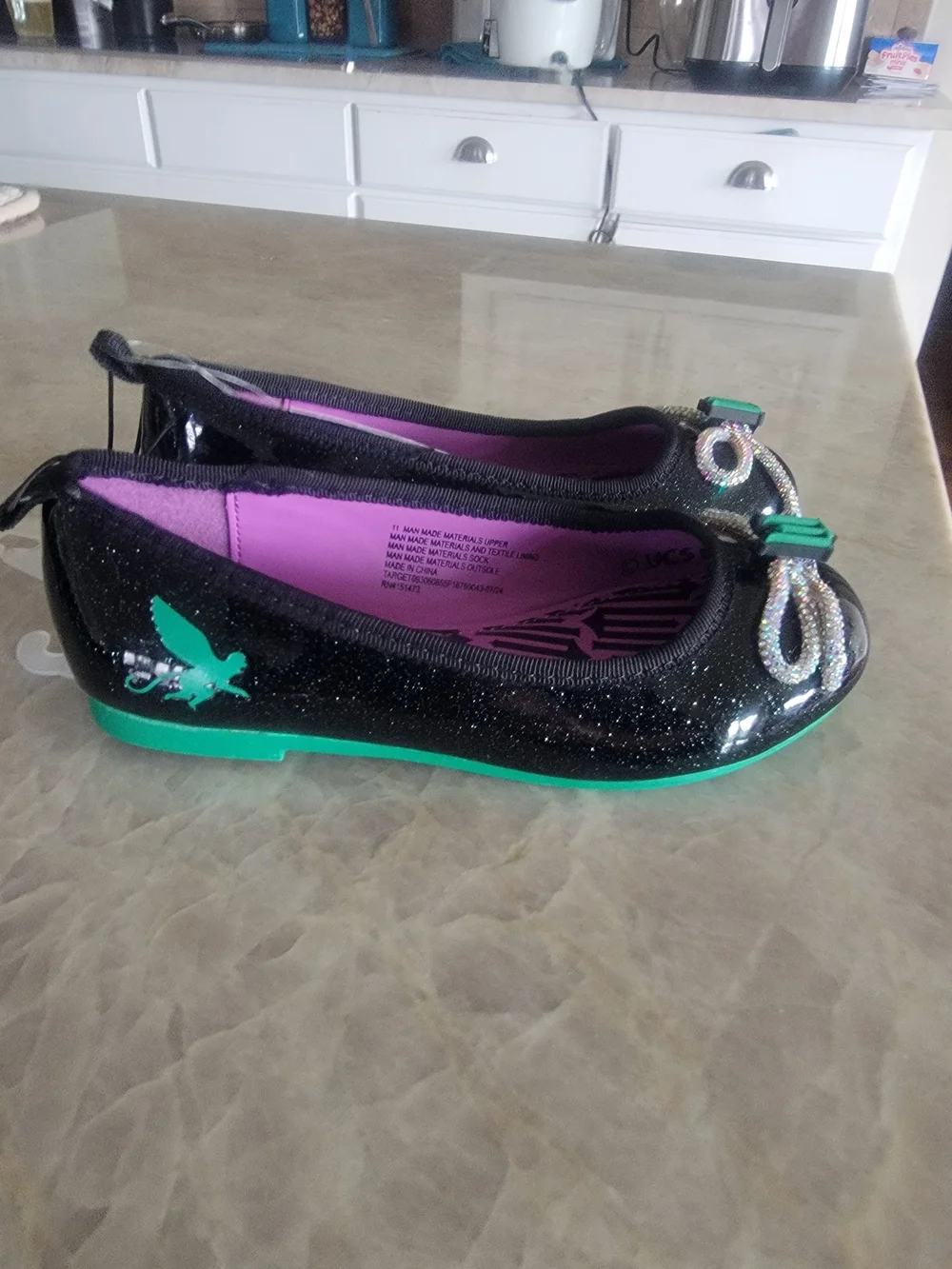 Kids Black Ballet Flats with Purple Insole and Green Accent -Wicked Size 3 & 11T